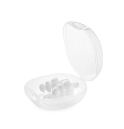 Photo of Transparent plastic case with ear plugs isolated on white
