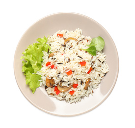 Photo of Delicious rice pilaf with mushrooms isolated on white, top view