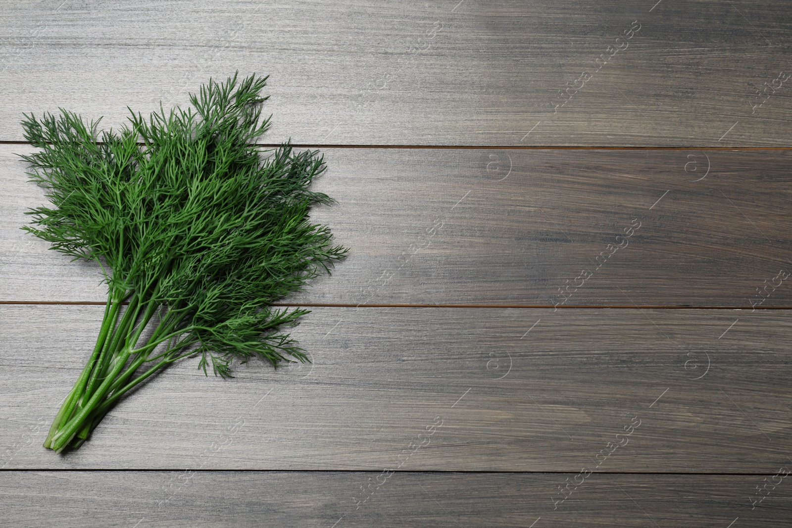 Photo of Bunch of fresh dill on wooden table, top view. Space for text