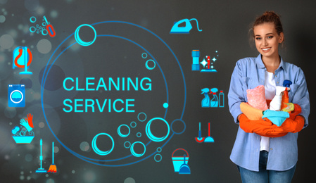Image of Cleaning service related icons near woman with different supplies