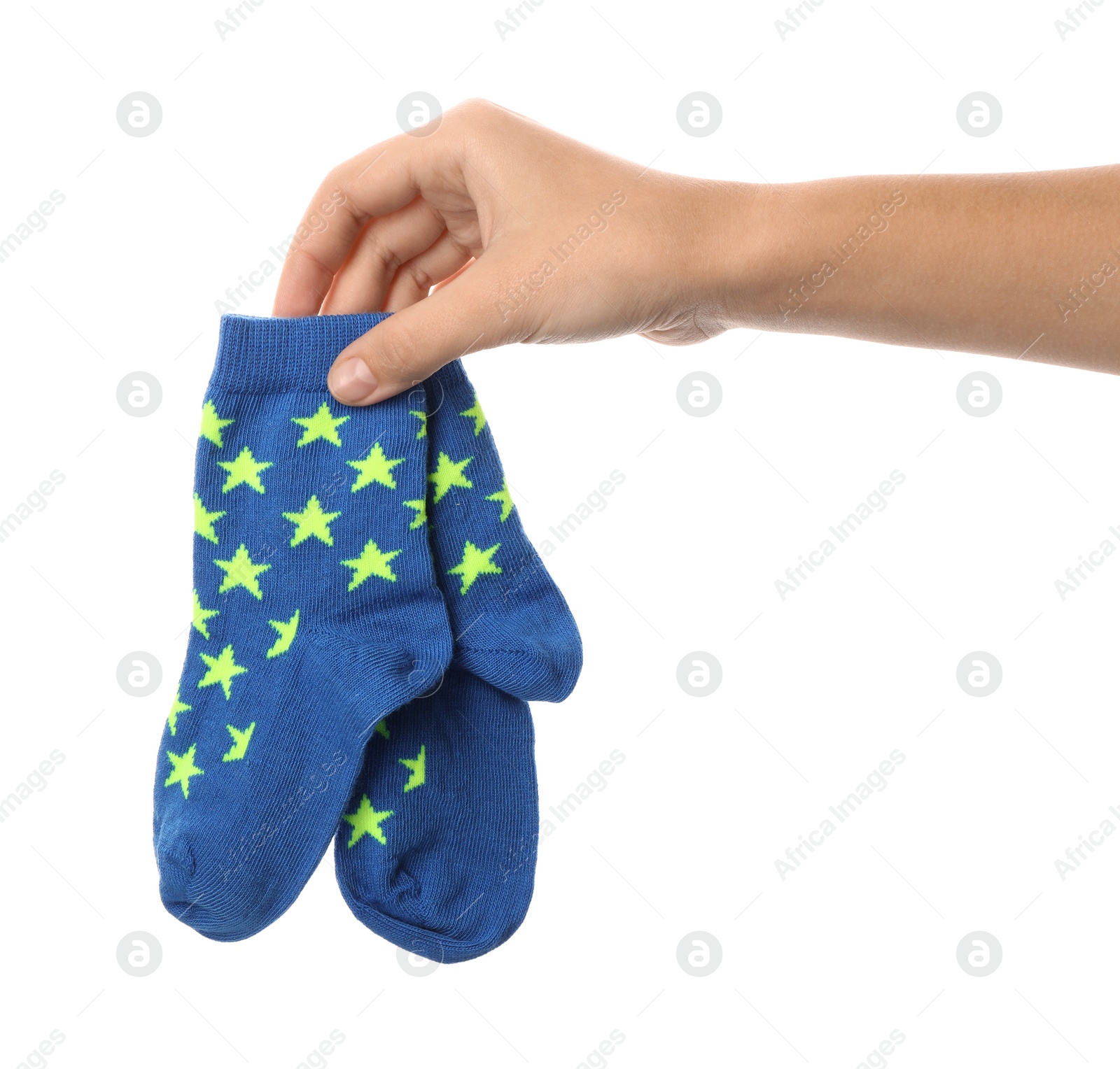 Photo of Woman holding pair of cute child socks on white background, closeup