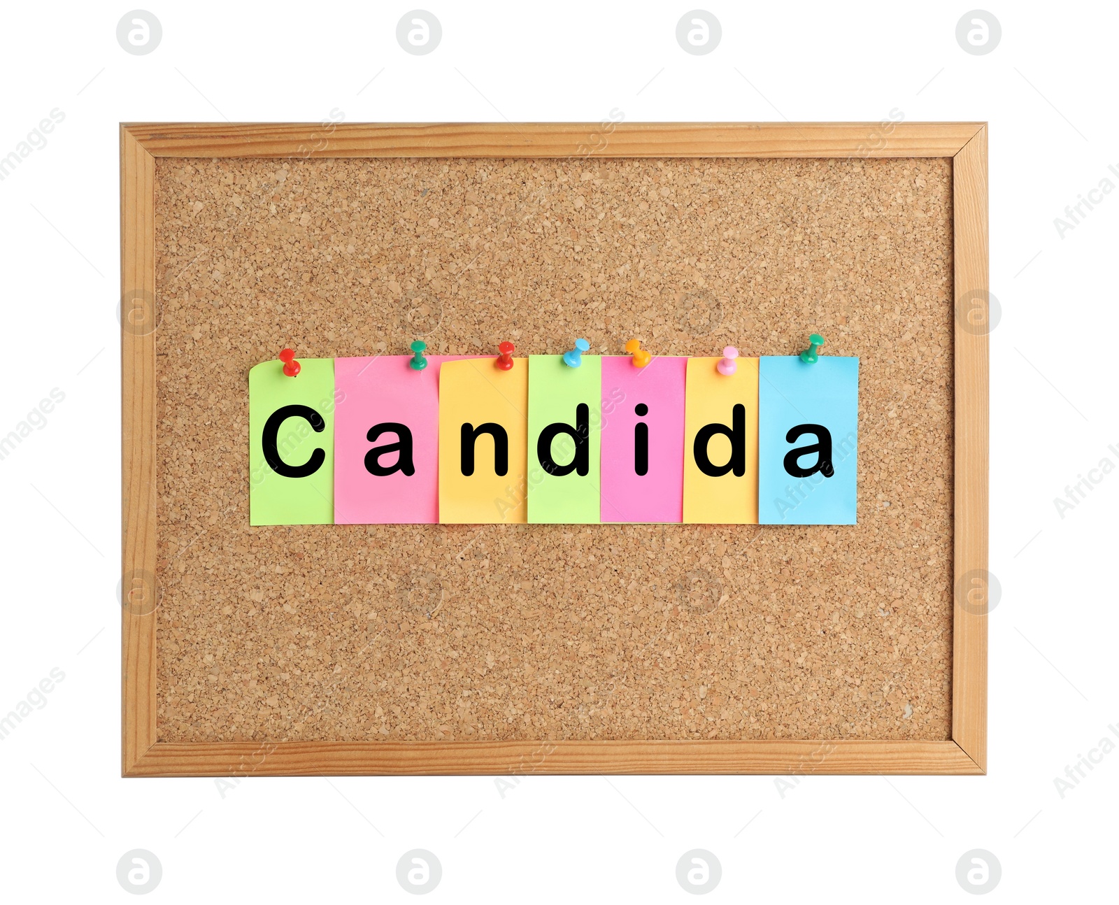 Image of Cork board with word Candida made of colorful notes on white background