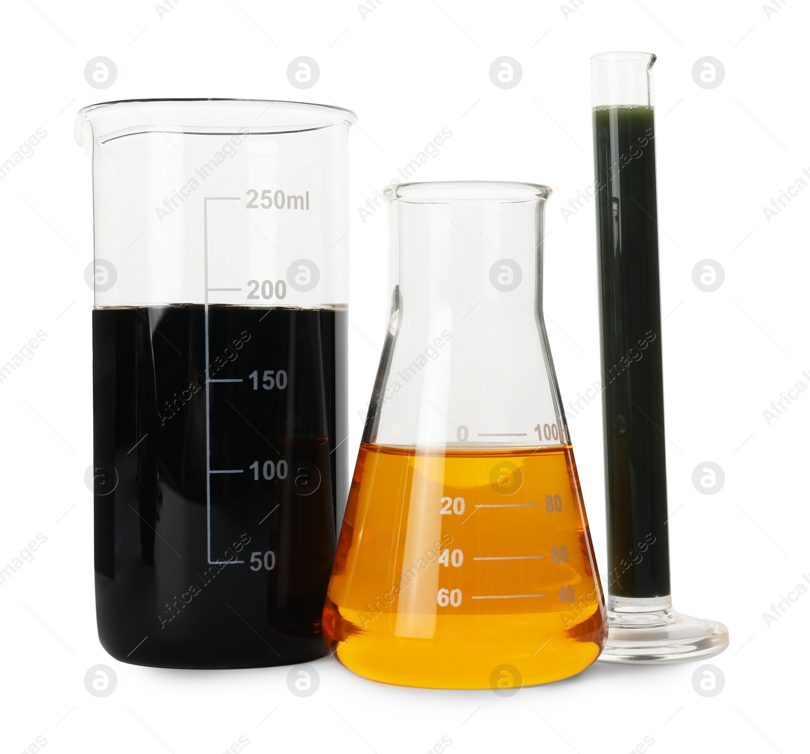 Photo of Laboratory glassware with different types of crude oil isolated on white