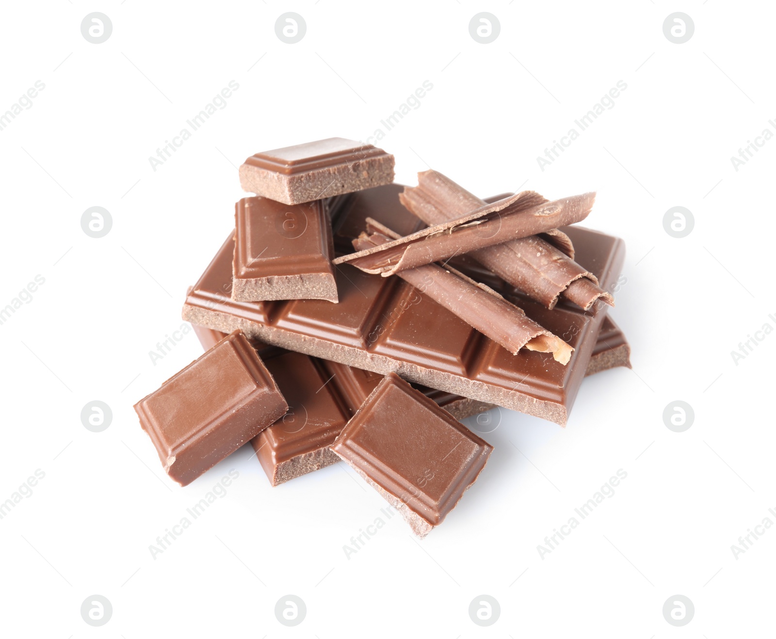 Photo of Chocolate curls and pieces isolated on white