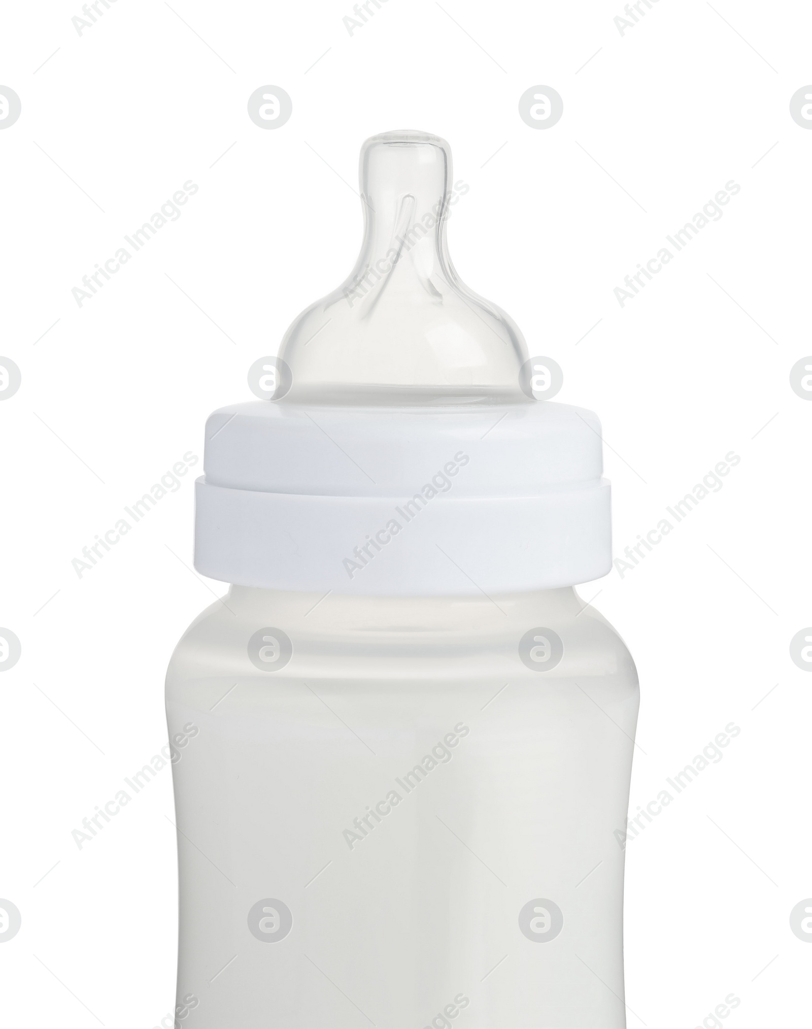 Photo of One feeding bottle with infant formula on white background