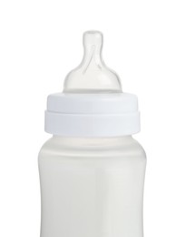 One feeding bottle with infant formula on white background