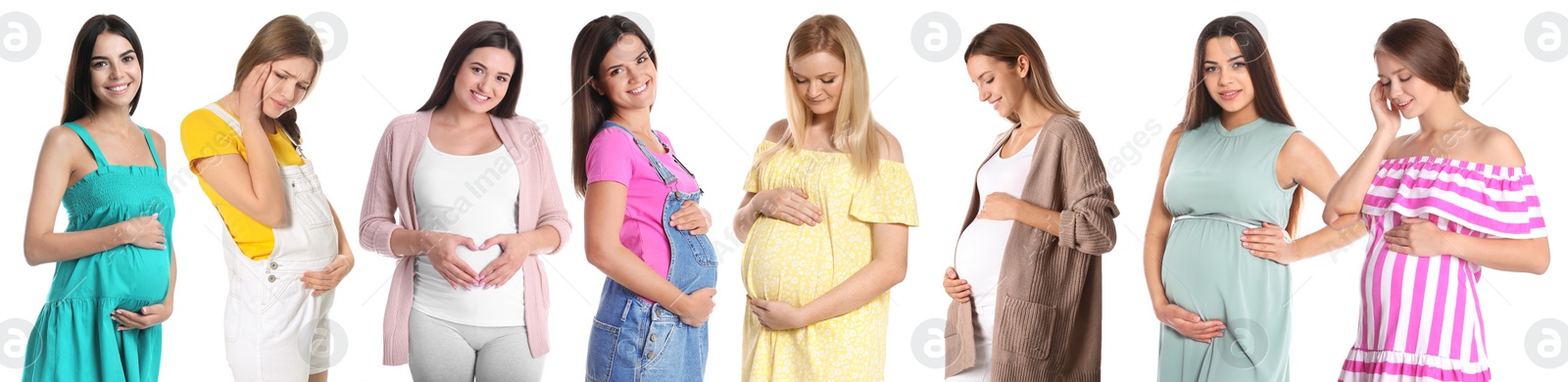 Image of Collage with photos of pregnant women on white background. Banner design