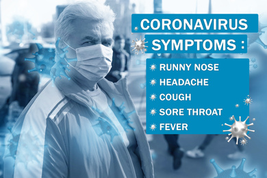 Senior man with medical mask outdoors and list of coronavirus symptoms