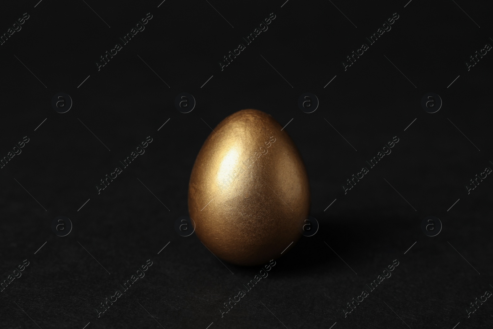 Photo of One shiny golden egg on black background