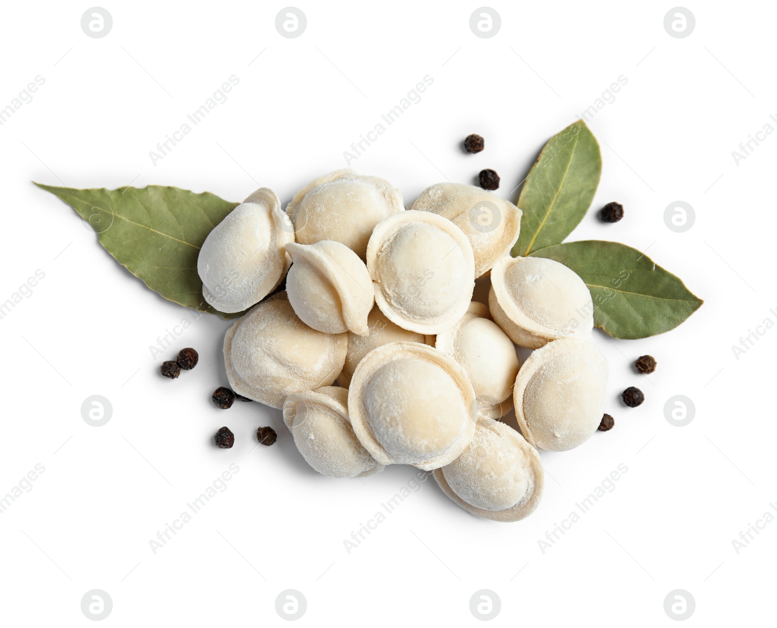 Photo of Raw dumplings on white background, top view. Home cooking