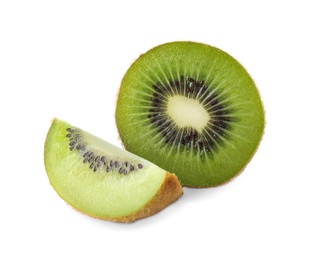 Pieces of fresh kiwis on white background