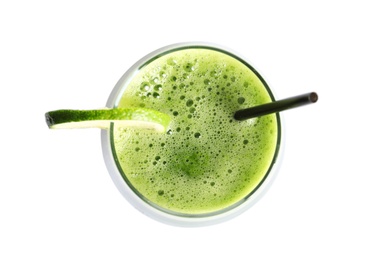 Photo of Glass with delicious detox juice on white background, top view