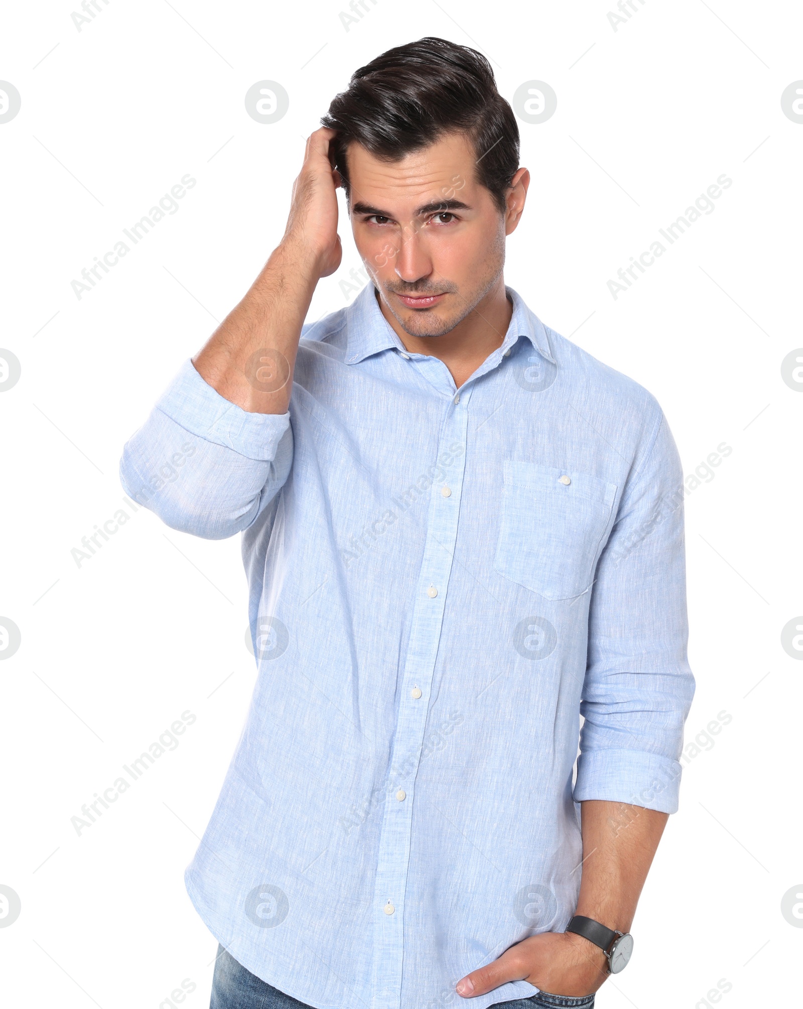 Photo of Portrait of handsome young man on white background