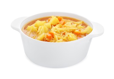 Pot of delicious sauerkraut soup with potatoes and carrot isolated on white