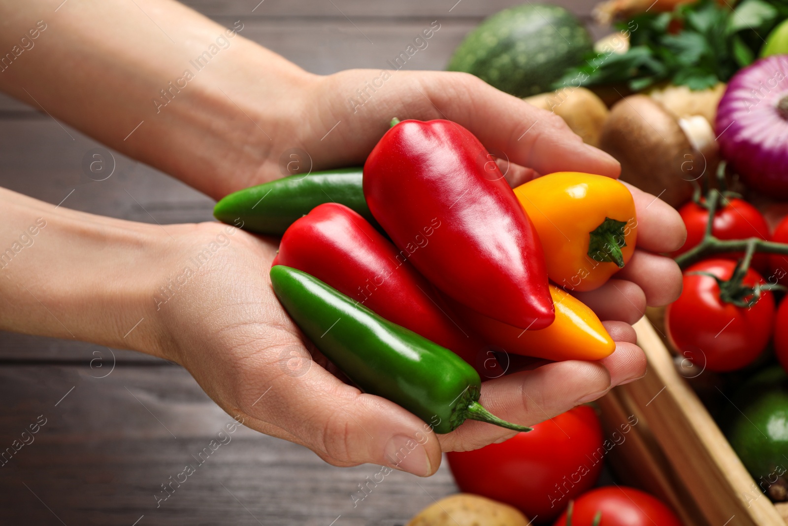 Photo of Man holding fresh vegetables at wooden table, closeup