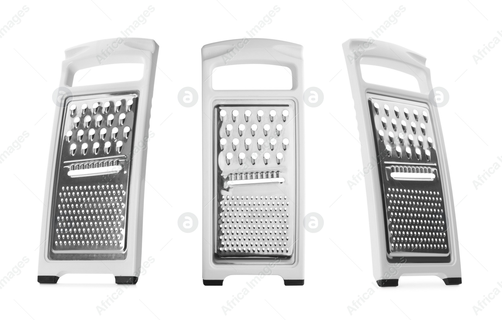 Image of Stainless steel graters on white background, collage