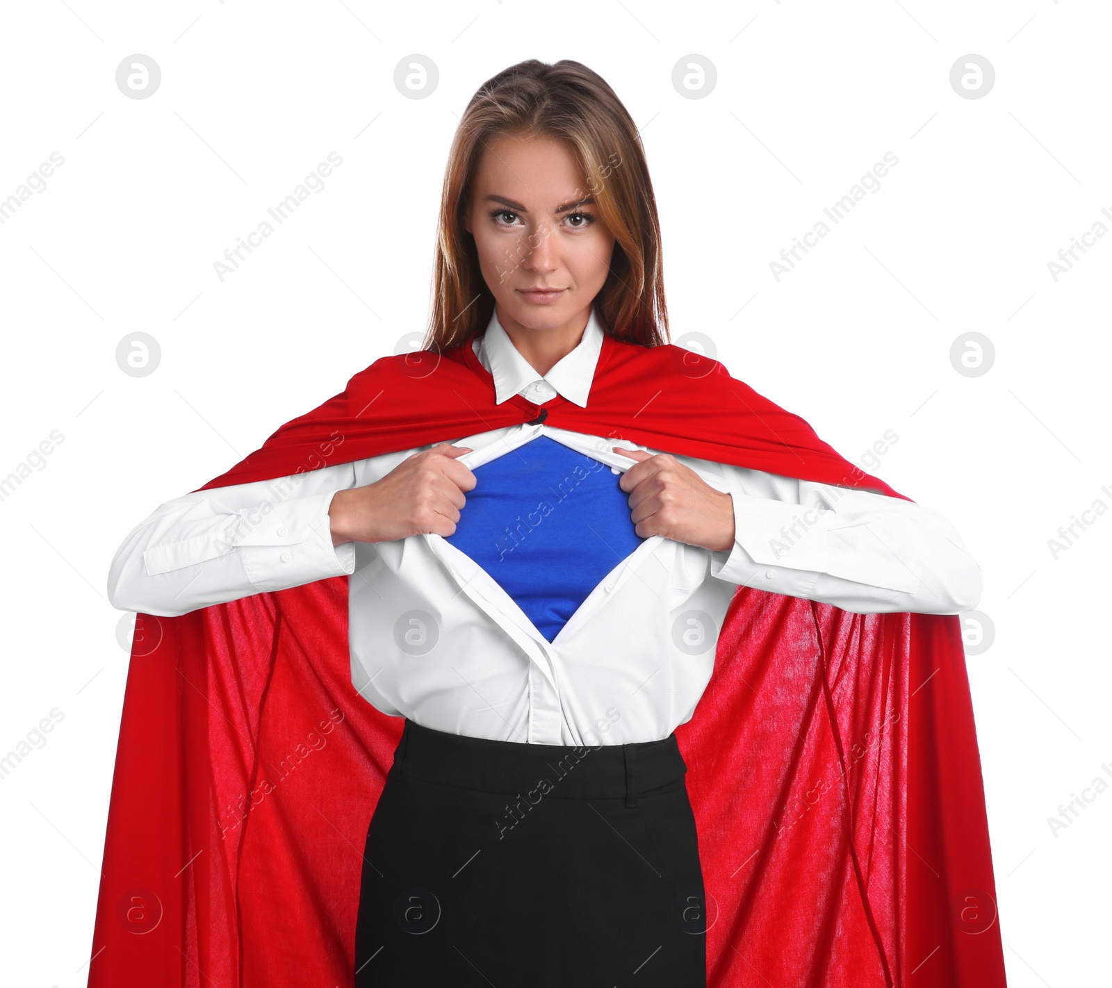 Photo of Confident businesswoman wearing superhero costume under suit on white background