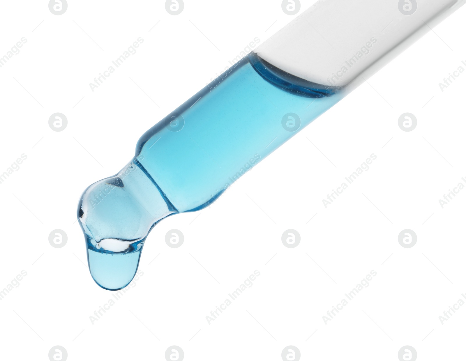 Photo of Dripping light blue facial serum from pipette on white background, closeup