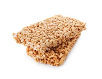 Puffed rice bars (kozinaki) on white background