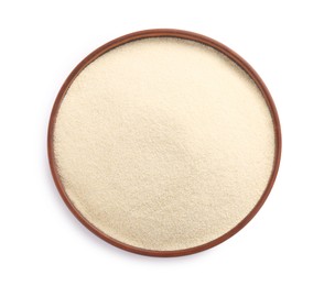 Bowl of uncooked organic semolina isolated on white, top view