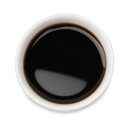 Photo of Tasty soy sauce in bowl isolated on white, top view