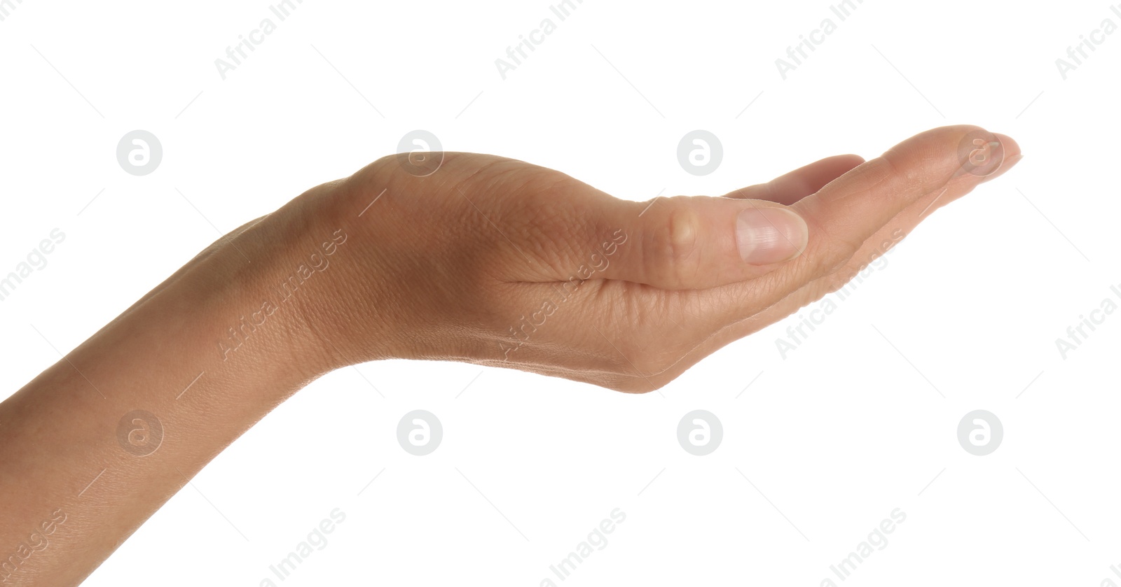 Photo of Woman holding something on white background, closeup