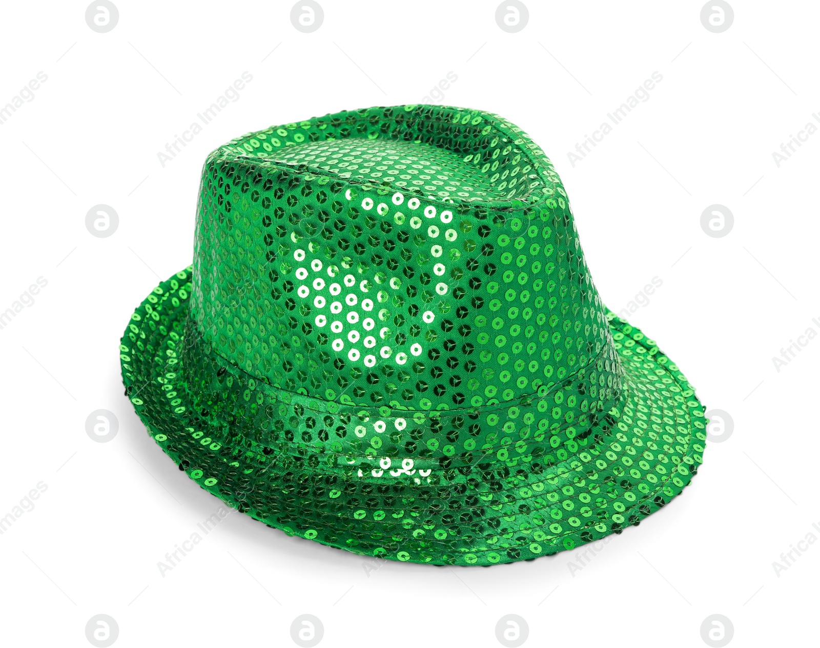 Photo of Green sequin hat isolated on white. Saint Patrick's Day accessory