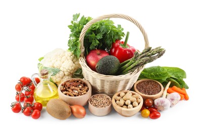 Healthy food. Basket with different fresh products isolated on white