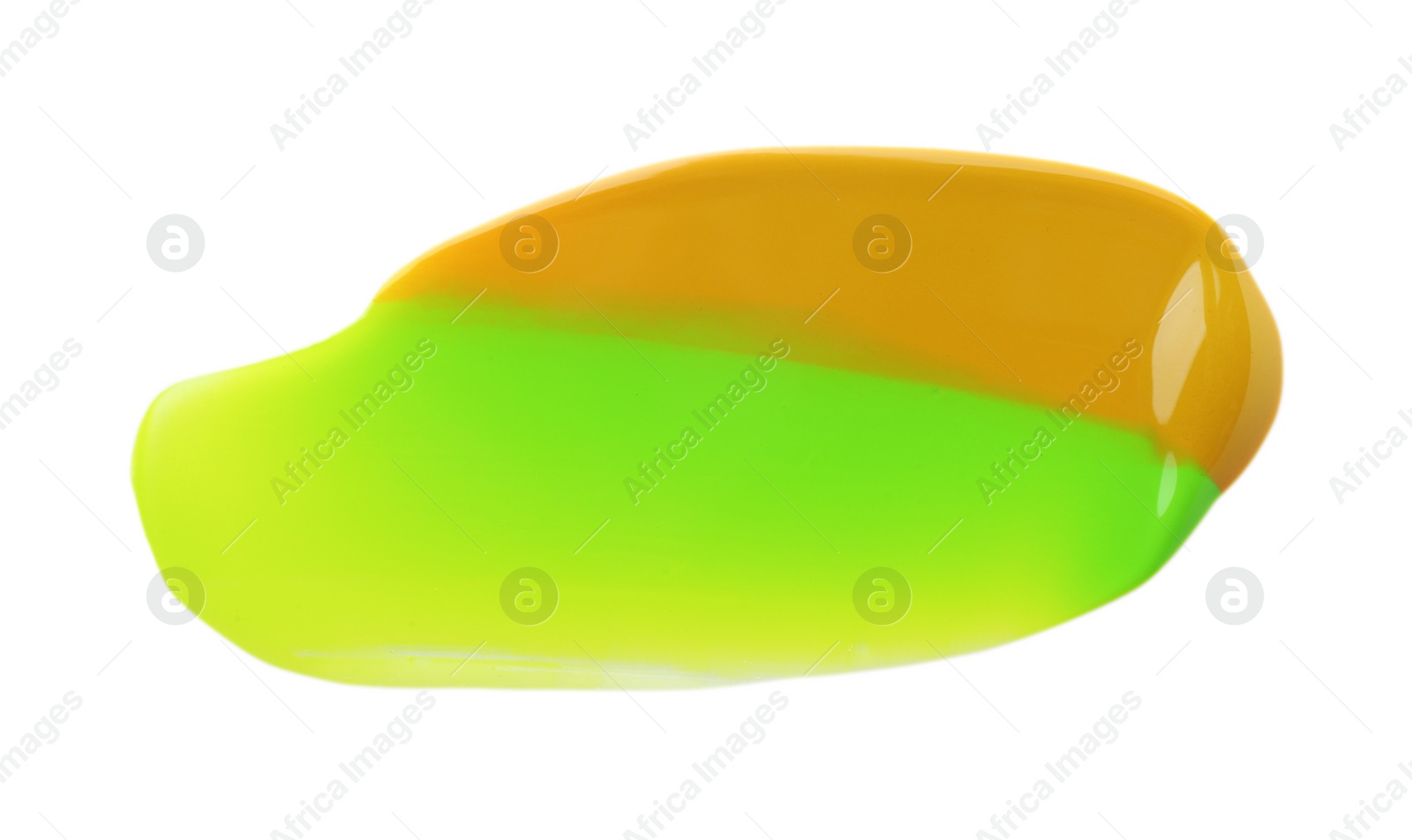 Photo of Light green and yellow paint samples on white background, top view