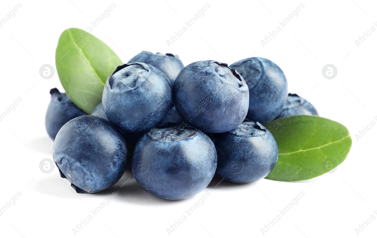 Photo of Fresh raw tasty blueberries with leaves isolated on white