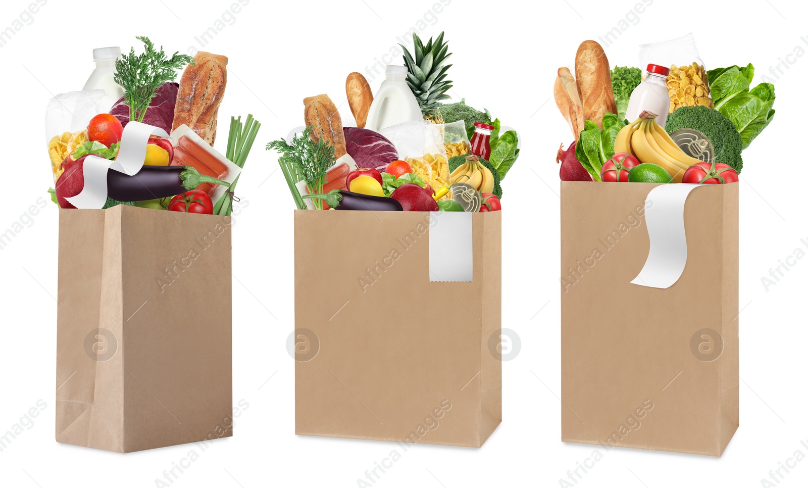 Image of Paper bags with different products and receipts isolated on white, collection