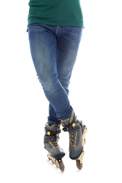 Man with inline roller skates on white background, closeup view