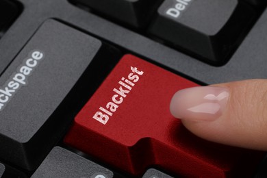 Image of Woman pressing red button with word Blacklist on computer keyboard, closeup