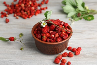 Fresh wild strawberries and flower in bowl on white wooden table