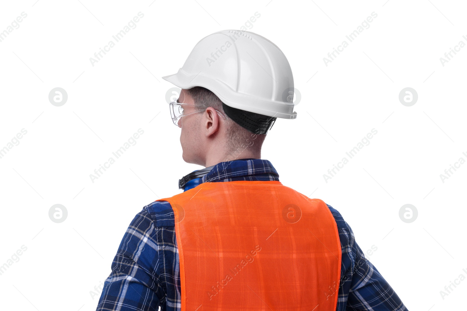 Photo of Young man wearing safety equipment on white background, back view