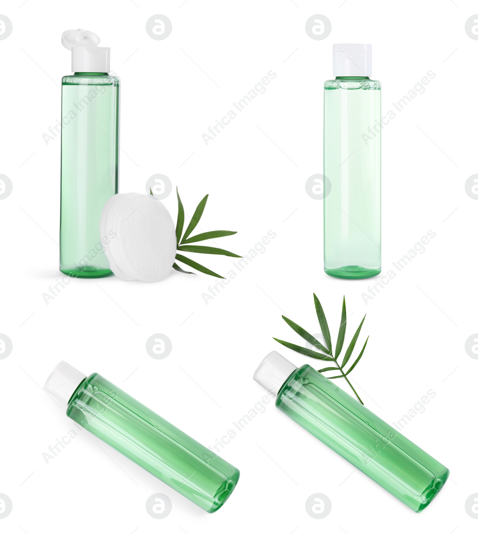 Image of Collage with bottle of micellar cleansing water on white background