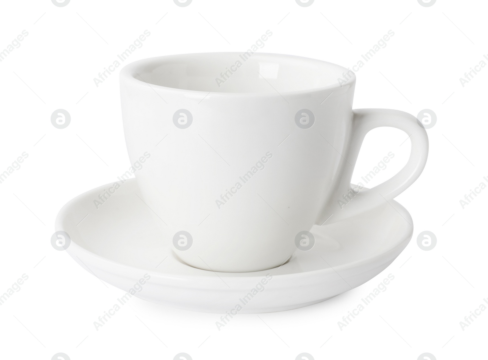 Photo of Ceramic cup and saucer isolated on white