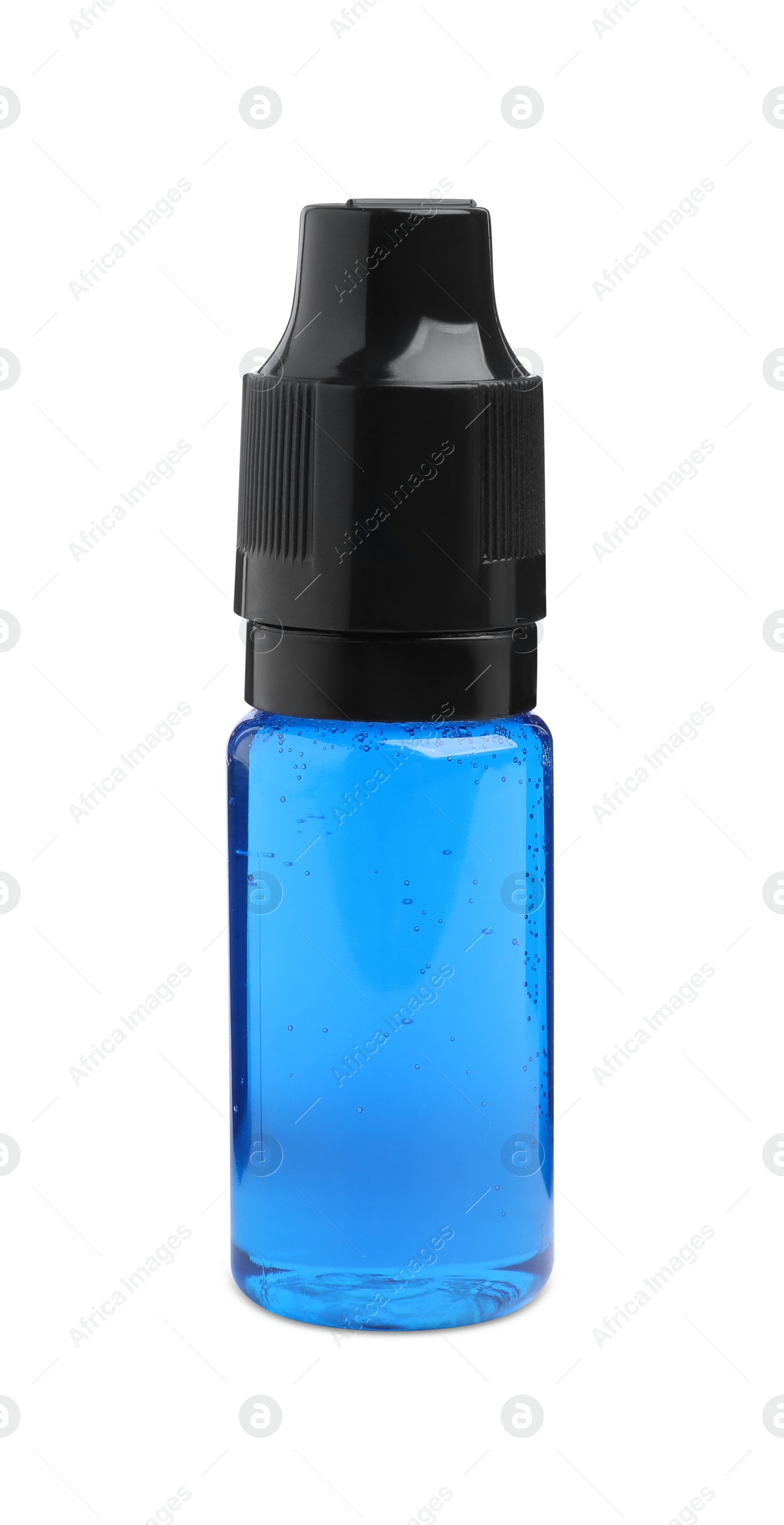 Photo of Bottle of light blue food coloring isolated on white