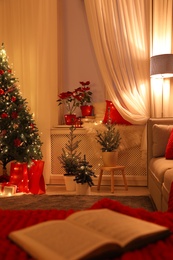 Book on red blanket in room with Christmas decorations. Interior design
