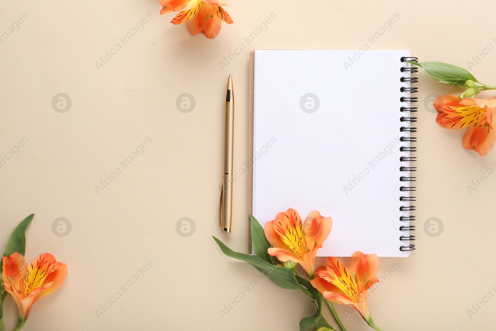 Photo of Guest list. Notebook, pen and beautiful flowers on beige background, flat lay. Space for text