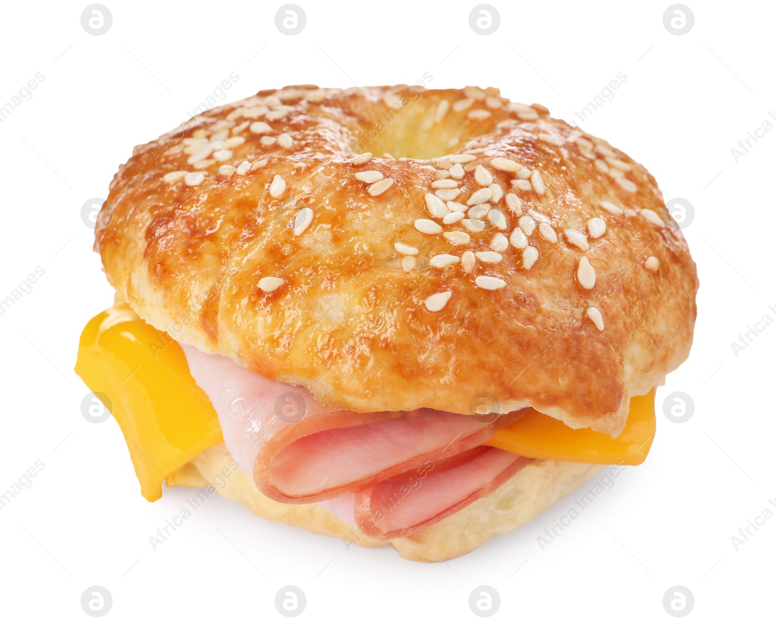 Delicious bagel with ham and cheese isolated on white Photo of Delicious bagel with ham and cheese isolated on white