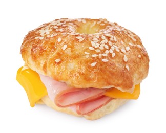 Photo of Delicious bagel with ham and cheese isolated on white