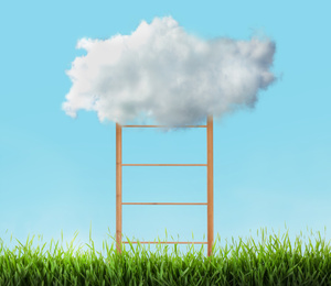 Image of Wooden ladder with cloud in green field under blue sky. Conceptual design 