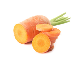 Photo of Sliced fresh ripe carrot isolated on white
