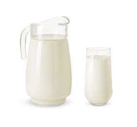 Image of Glass and jug with milk isolated on white
