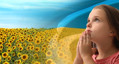 Image of Pray for Ukraine. Little girl against double exposure of sunflower field under sky and Ukrainian flag, banner design