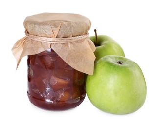 Photo of Glass jar of delicious apple jam and fresh fruits isolated on white