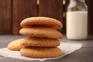 Delicious Danish butter cookies on grey table, closeup