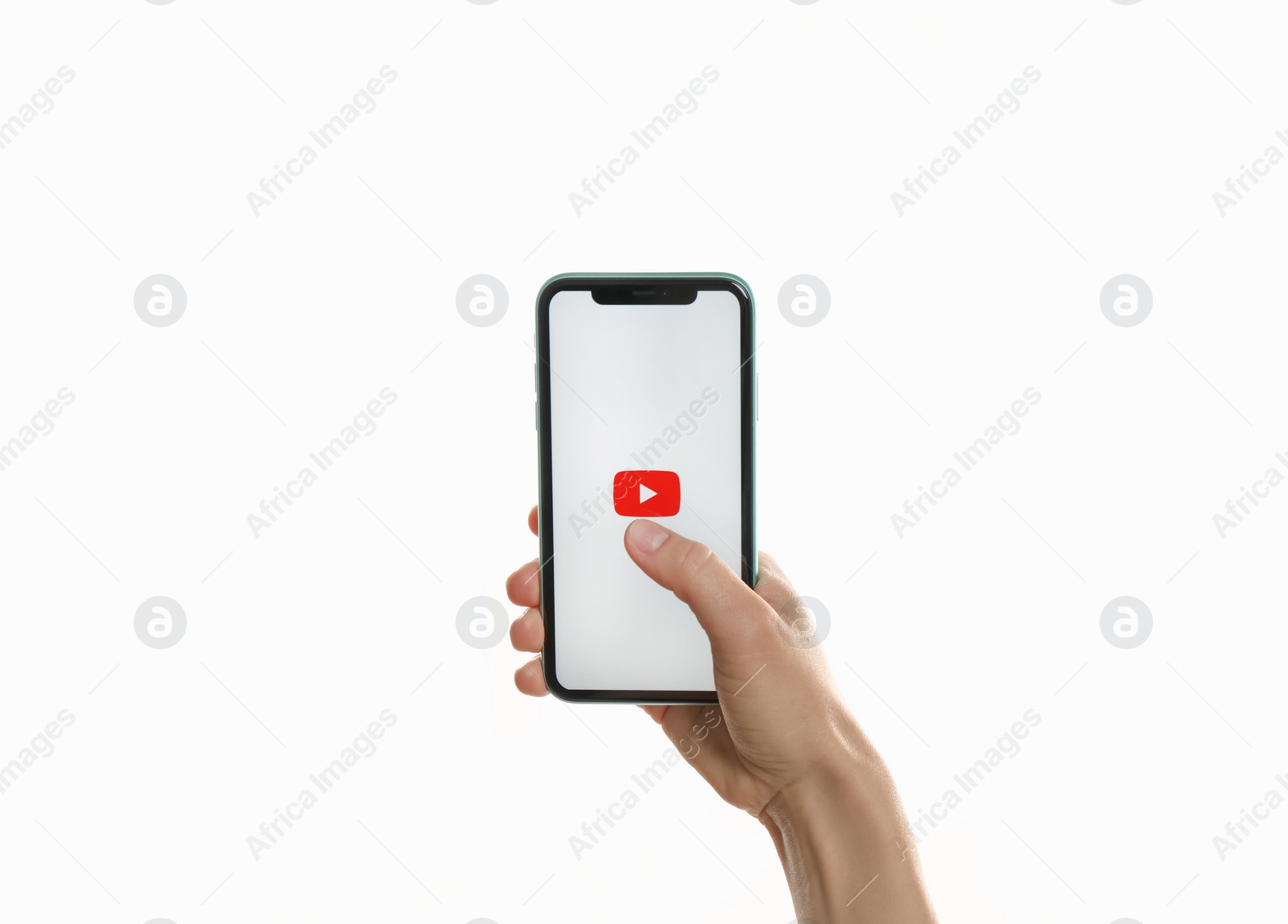 Photo of MYKOLAIV, UKRAINE - JULY 9, 2020: Woman holding iPhone 11 with Youtube app on screen against white background, closeup