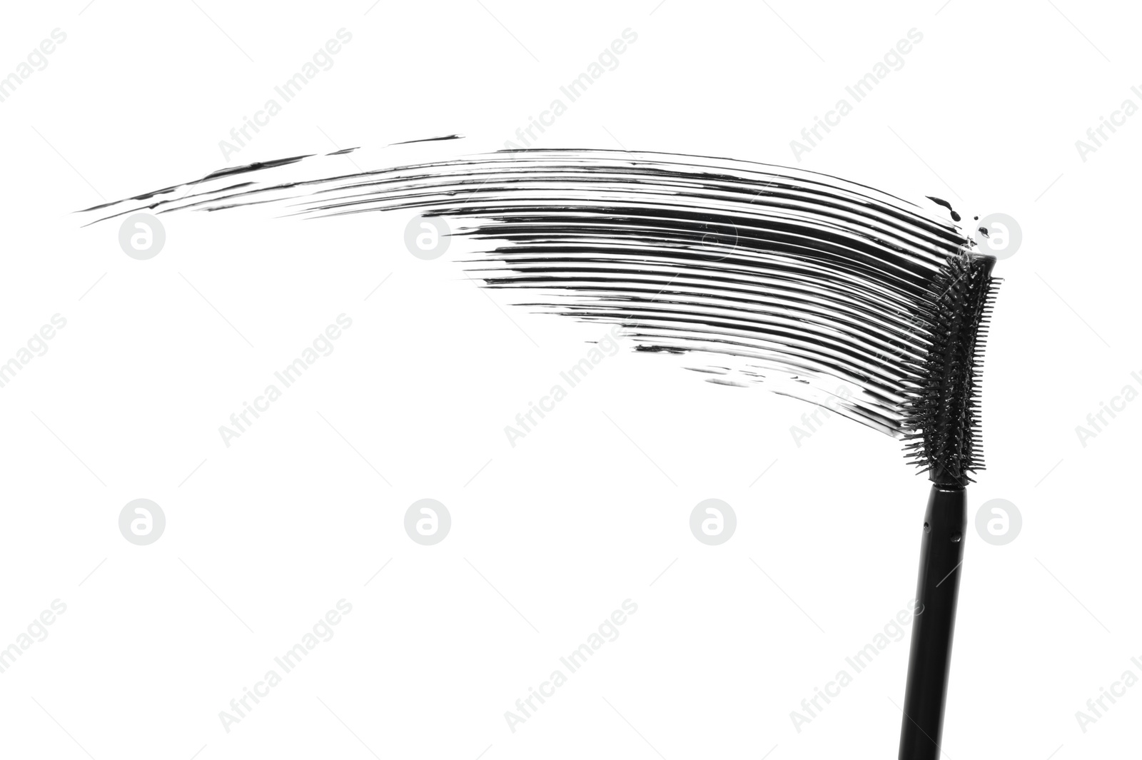 Photo of Smear of black mascara and applicator isolated on white, top view